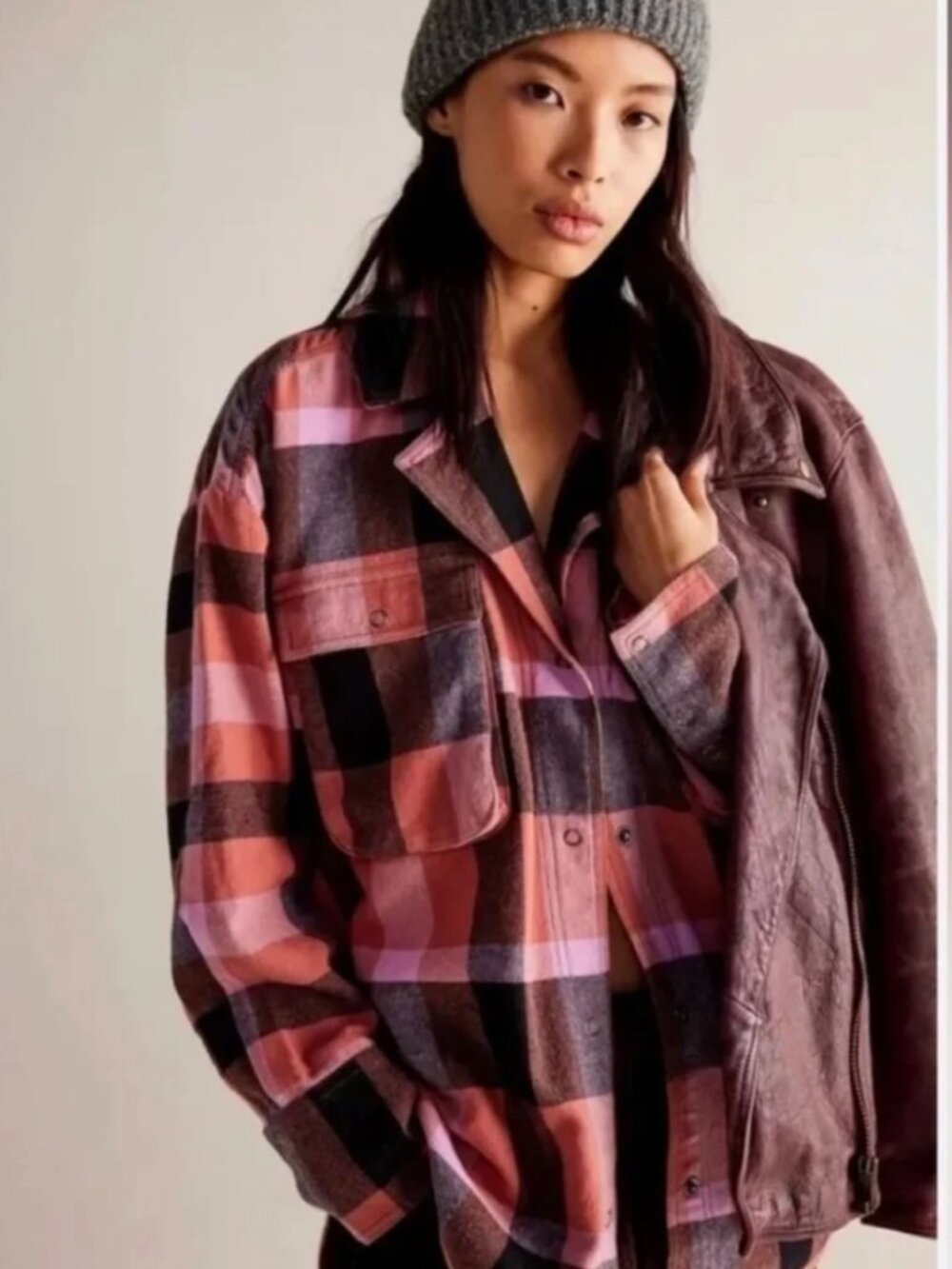 WE THE FREE PINK PLAID IZZY OVERSIZED FLANNEL